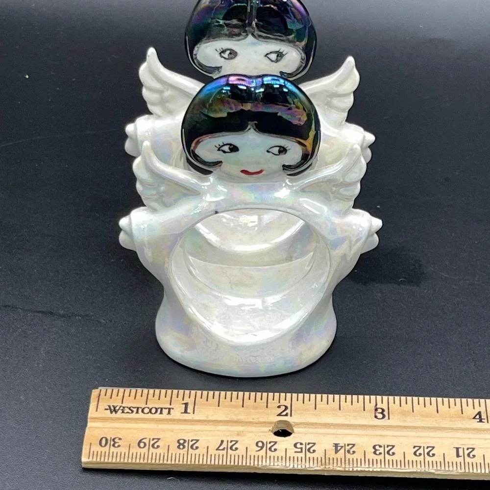 Vintage Iridescent Ceramic Angel Napkin Rings Set of 2 White Luster Winged Decor